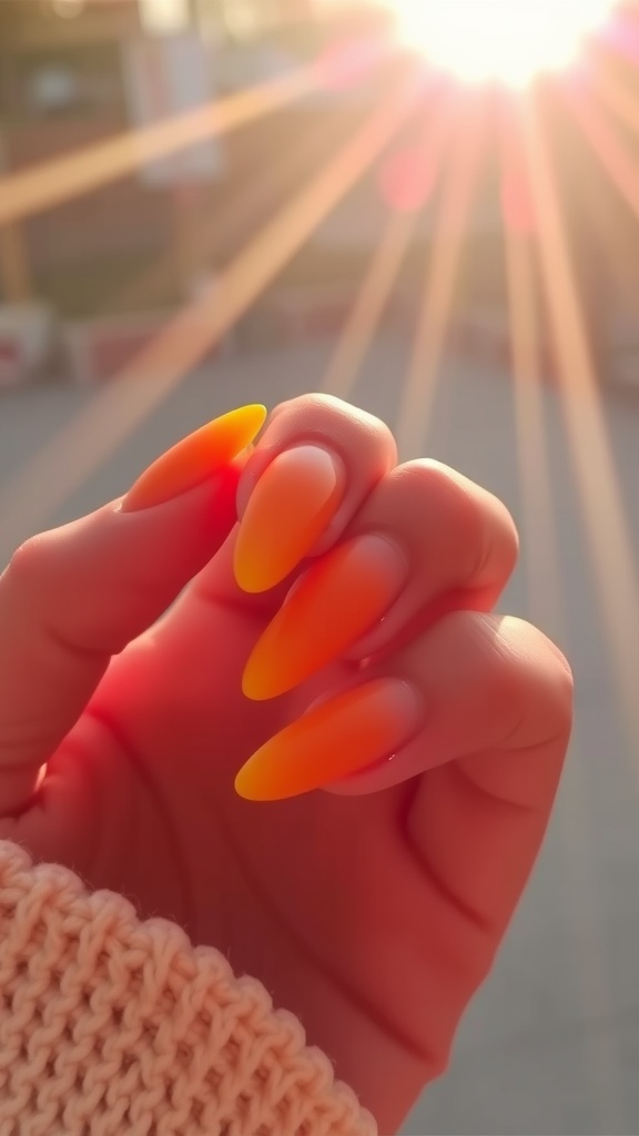 A hand showing off almond-shaped nails with a yellow to orange ombre effect, set against a sunny background.