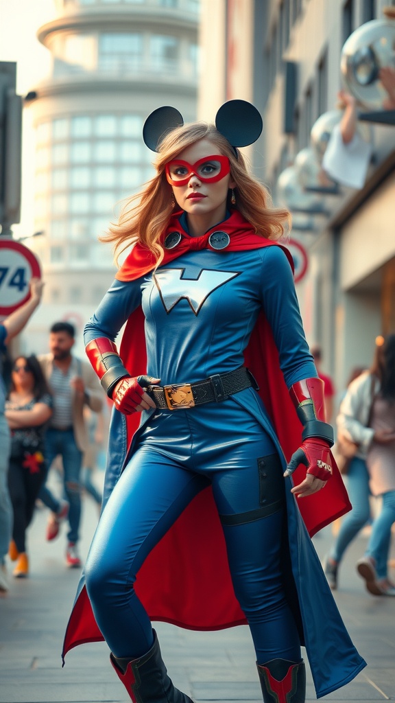 A character in a superhero costume with Mickey Mouse ears, featuring a blue suit and a red cape, posing confidently in an urban setting.