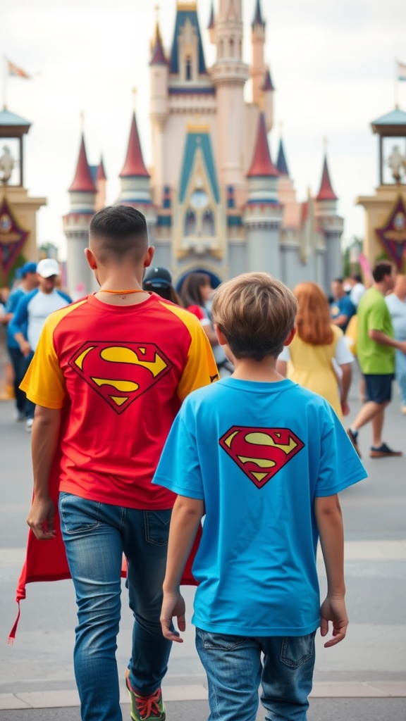 A father and son in superhero-themed outfits walking in a theme park with a castle in the background.