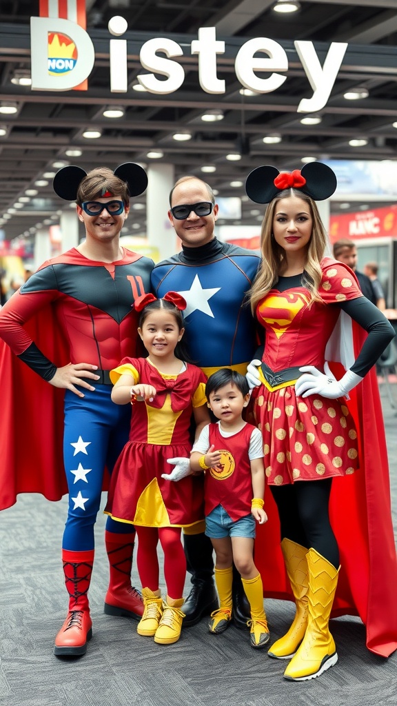 A family dressed in superhero outfits with Disney themes, featuring a dad in a red and blue costume, a mom in a red polka dot dress, and two children in playful costumes, all wearing Mickey Mouse ears.