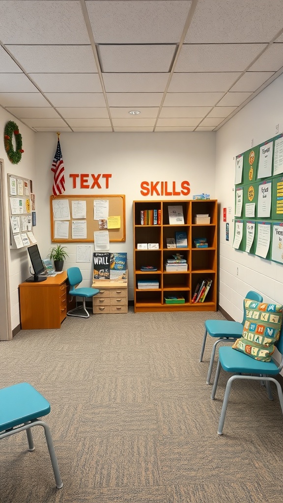 A school counselor office with a desk, chairs, and shelves filled with books, promoting social skills development.
