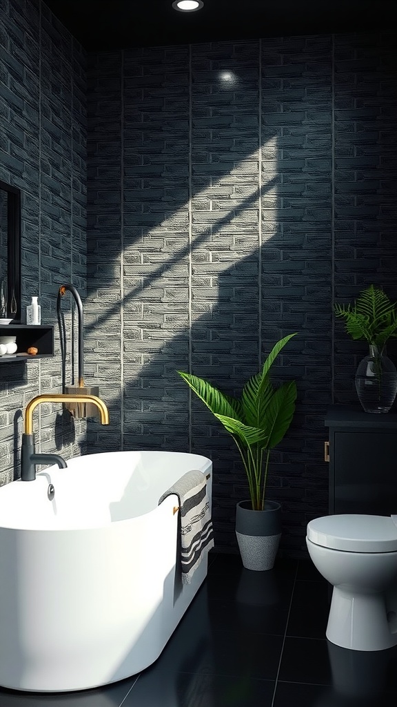A modern black bathroom featuring a sleek bathtub, a potted plant, and stylish lighting.
