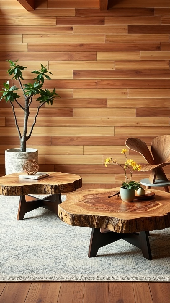 Two mid-century modern coffee tables made of solid wood with unique grain patterns, set in a cozy room with wooden walls.