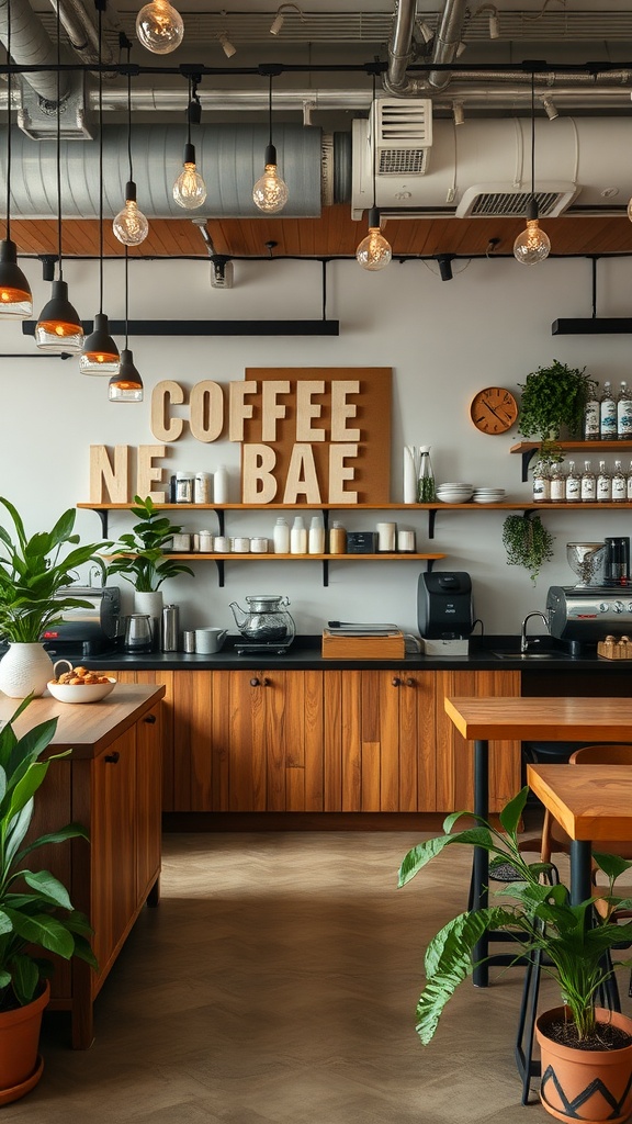 A cozy coffee bar with wooden furniture, plants, and sustainable decor elements.