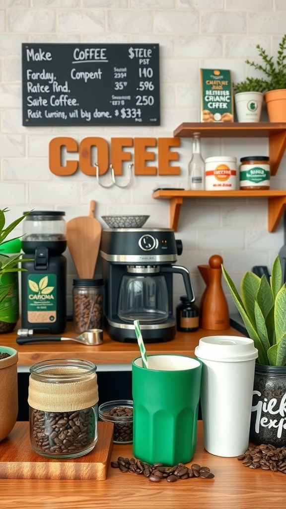 A cozy coffee station featuring eco-friendly cups, coffee beans in jars, and a coffee maker.