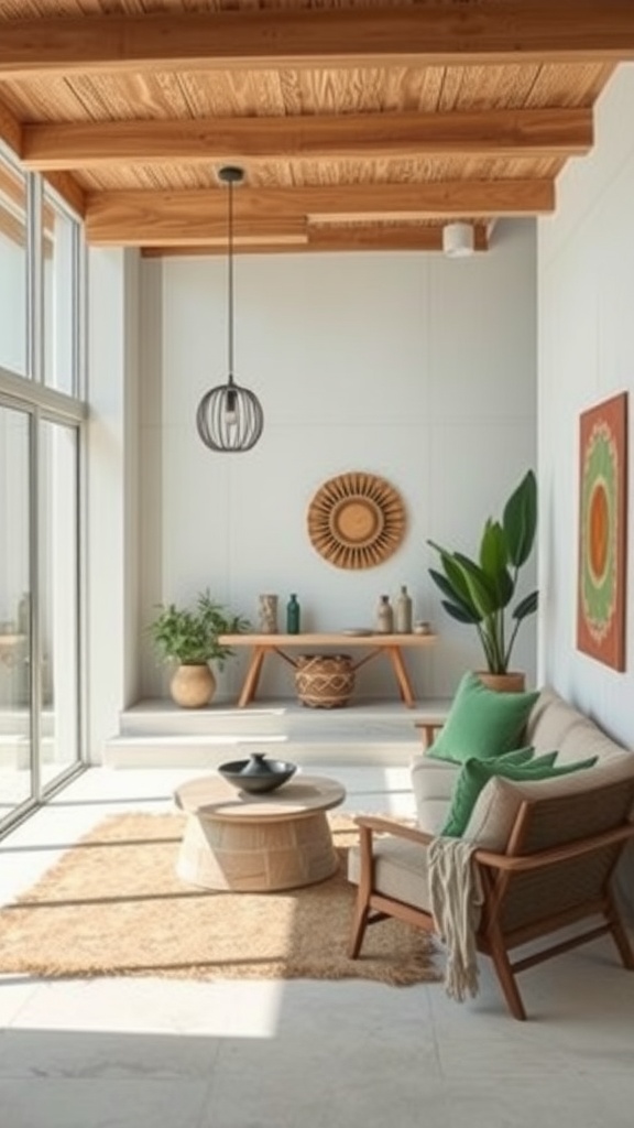 Modern Mexican home decor featuring recycled materials, wooden beams, plants, and cozy seating.