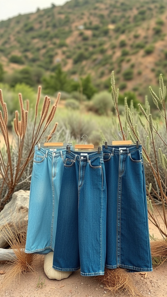 A display of denim maxi skirts in various shades of blue, hung in a natural setting with greenery.