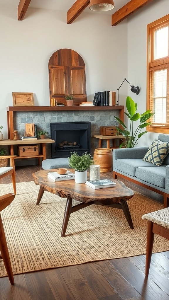Mid-century modern living room featuring a wooden coffee table with natural elements.