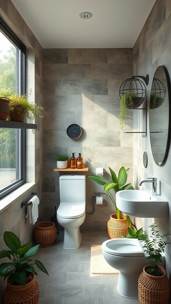 A sustainable bathroom with plants, wood accents, and eco-friendly fixtures.