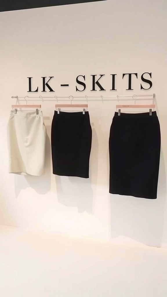 Three mini pencil skirts hanging on a display, featuring cream and two black options.