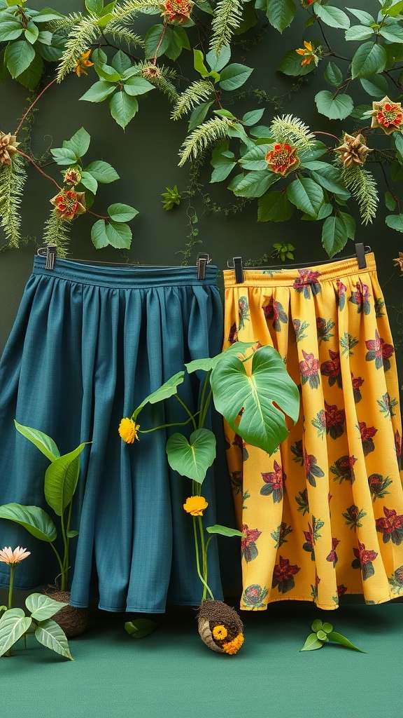 Two line skirts displayed against a backdrop of green foliage, showcasing sustainable fashion options.