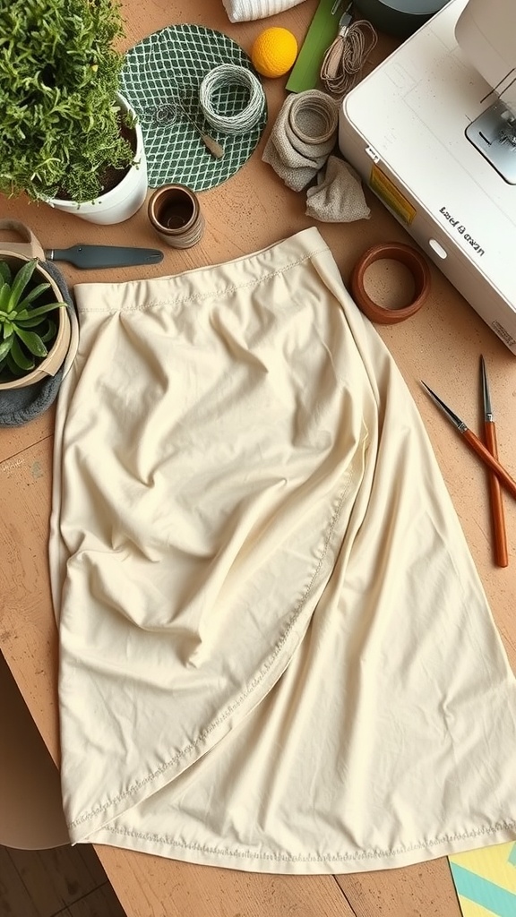A sustainable fabric wrap skirt laid out on a workspace with sewing tools and plants.