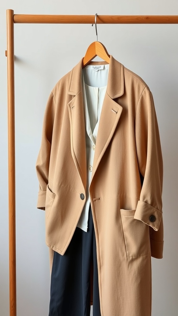 Beige coat and light blouse displayed on a hanger, representing a business casual outfit.