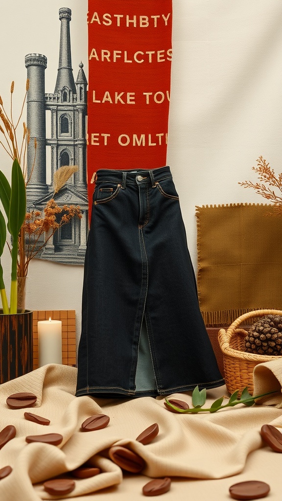 A black denim skirt displayed on a neutral background with decorative elements.