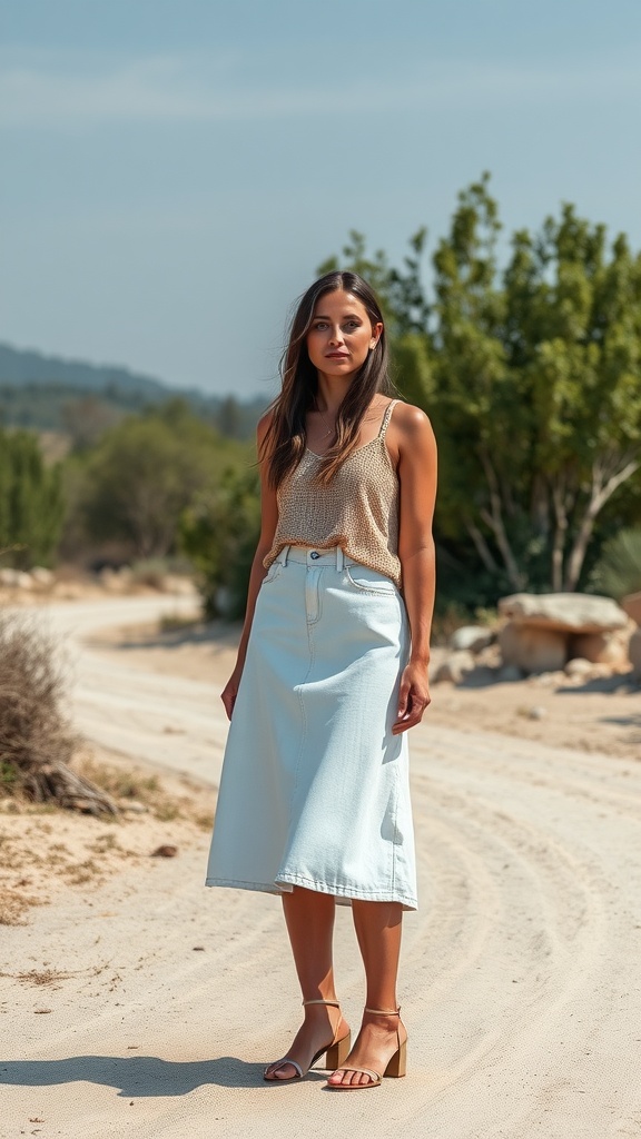A woman wearing a light-colored denim skirt standing on a sandy road surrounded by greenery.