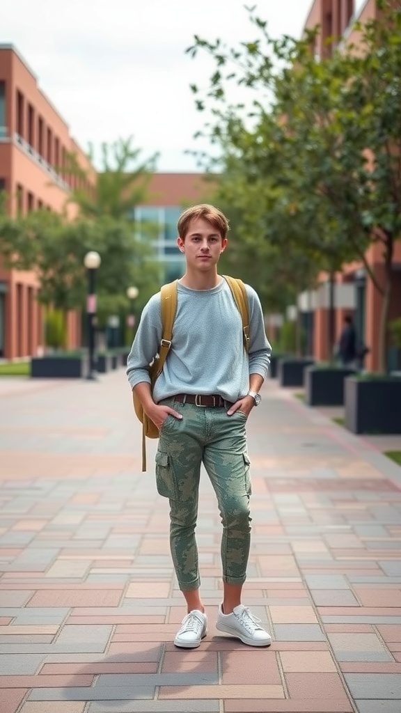 A young man in a casual outfit with a gray top, camo cargo pants, and white sneakers standing on a college campus.