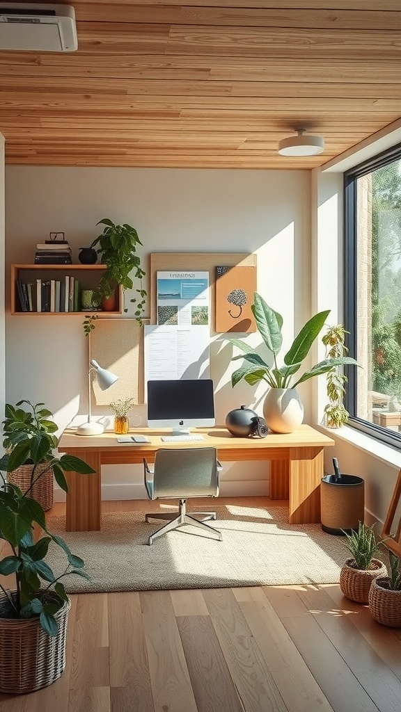 Modern home office with wooden desk, plants, and large window