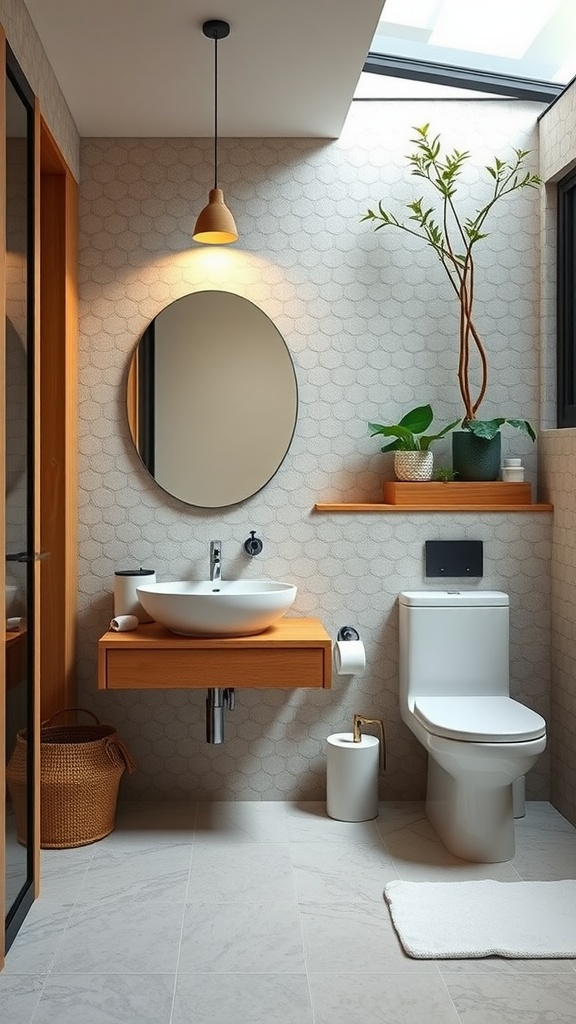 Modern guest bathroom featuring sustainable materials and fixtures with natural wood, plants, and a stylish round mirror.