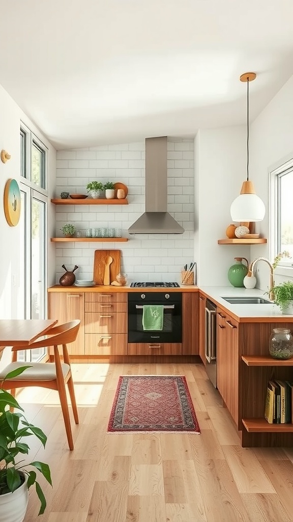 A mid-century modern kitchen featuring natural wood cabinetry, energy-efficient lighting, and plants.