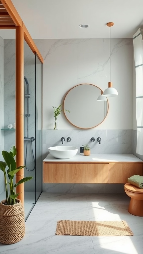 A modern coastal bathroom featuring bamboo fixtures and recycled glass elements