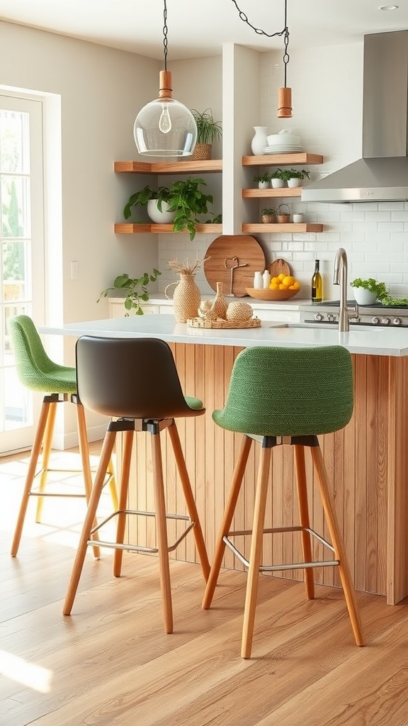 Eco-friendly bar stools at a kitchen island featuring wooden legs and green seats.