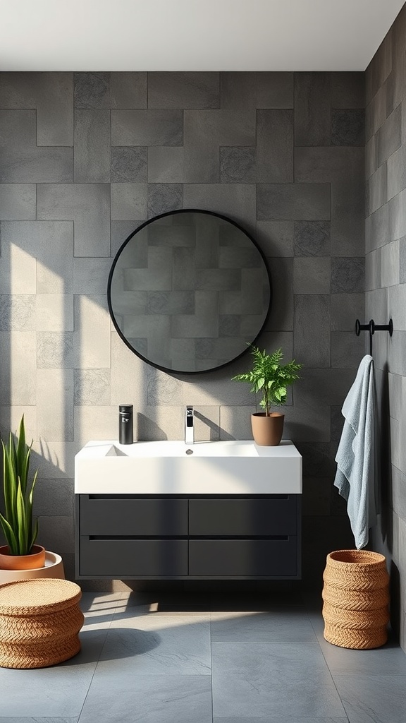 A modern black bathroom vanity with a circular mirror, potted plant, and textured wall.