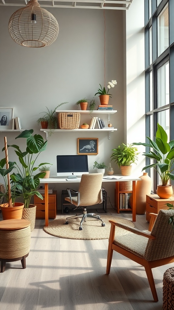 A stylish office with natural materials and plants, featuring a desk, chairs, and warm decor.