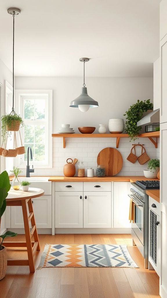 A bright modern farmhouse kitchen with light wood countertops, shelves, and plants, showcasing sustainable materials.
