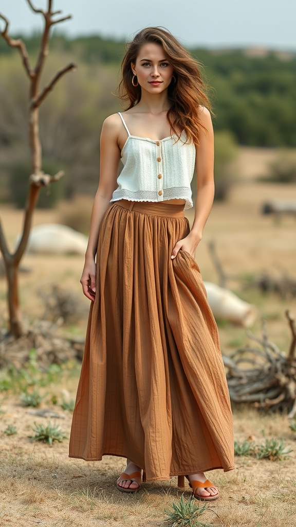 A woman in a brown maxi skirt and white top stands outdoors, showcasing a sustainable fashion look.