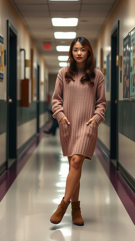 A young woman in a cozy sweater dress and ankle boots standing in a school hallway.