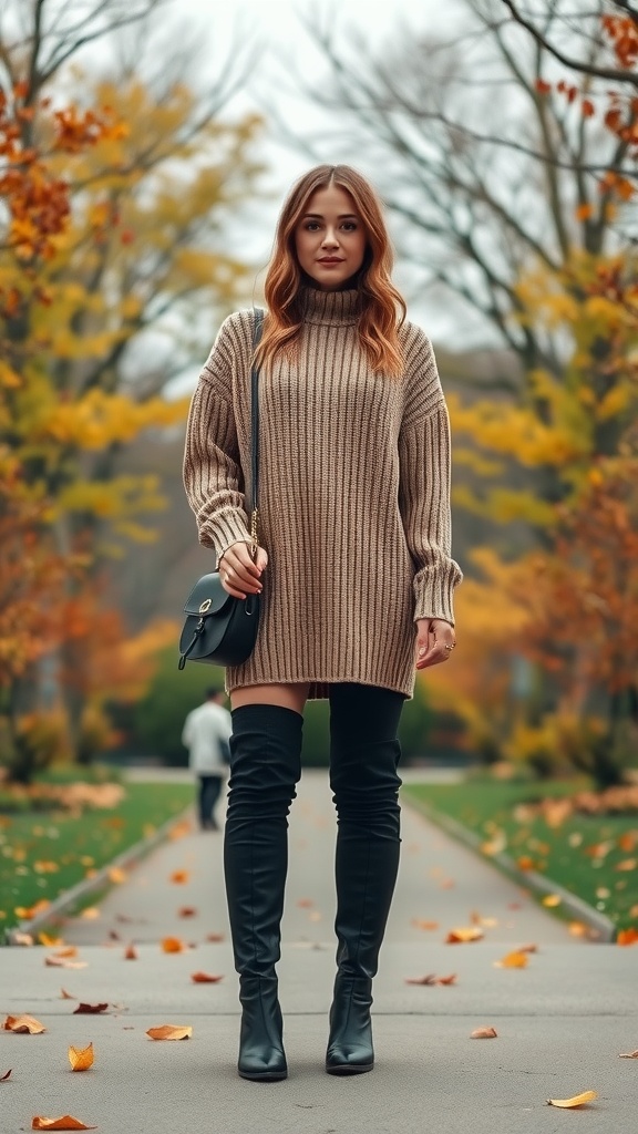 A woman wearing a ribbed sweater dress and knee-high black boots, standing in a park with fall foliage.