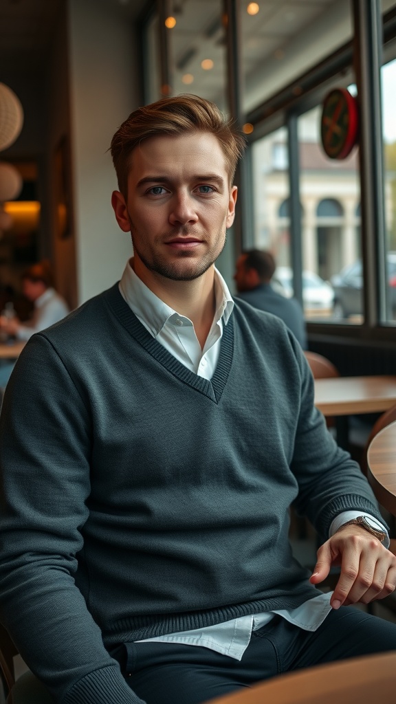 A man wearing a gray sweater over a white dress shirt, sitting in a modern café.