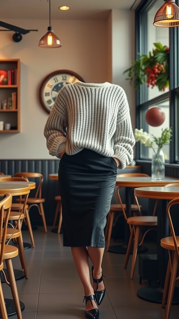 A woman wearing a cozy knitted sweater tucked into a pencil skirt, standing in a café with wooden chairs and a clock in the background.