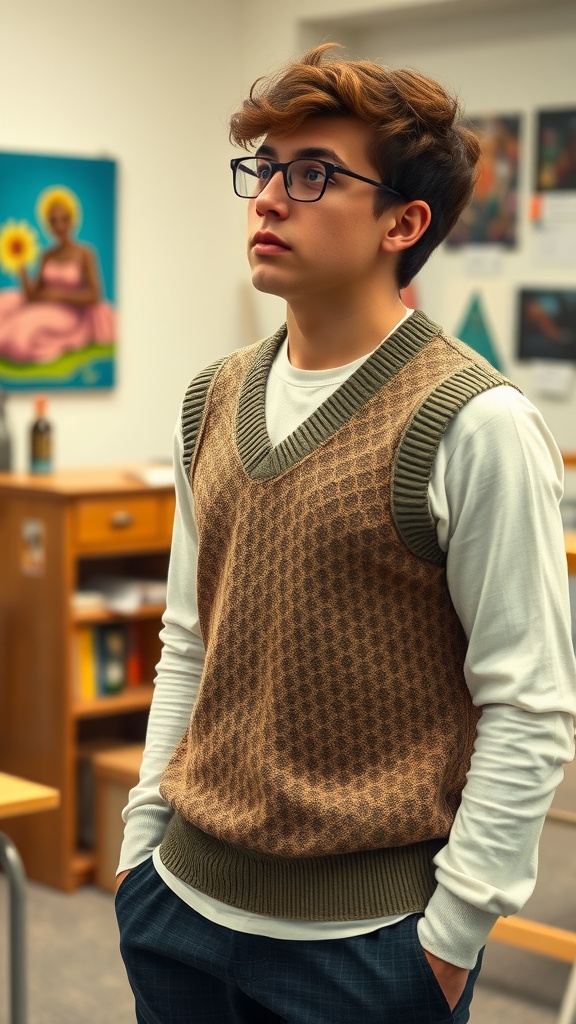 A young person wearing a sweater vest over a long sleeve shirt, styled for a casual school day.