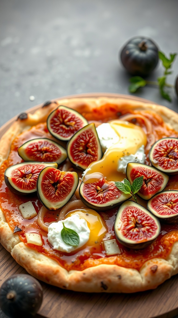 A delicious fig and goat cheese pizza topped with fresh figs, cheese, and a drizzle of honey.