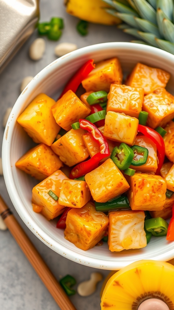 A bowl of sweet and sour crispy tofu with bell peppers and green onions