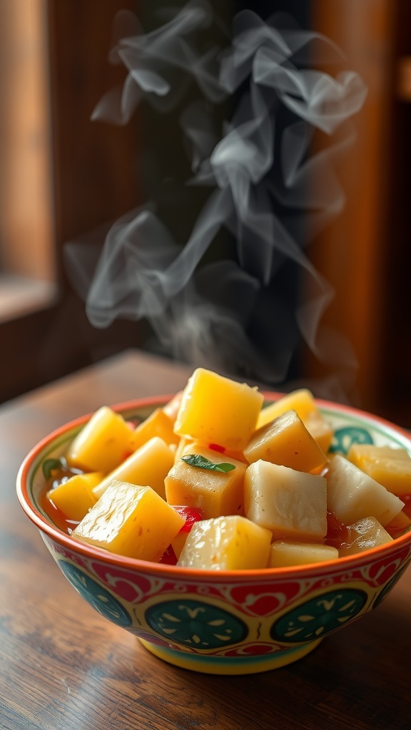A vibrant bowl of sweet and sour tofu with pineapple, featuring crispy tofu cubes, colorful vegetables, and delicious sauce.
