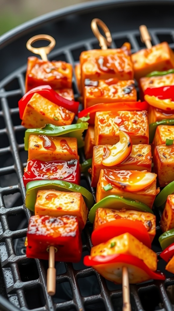 Delicious sweet and spicy tofu skewers served on a grill.