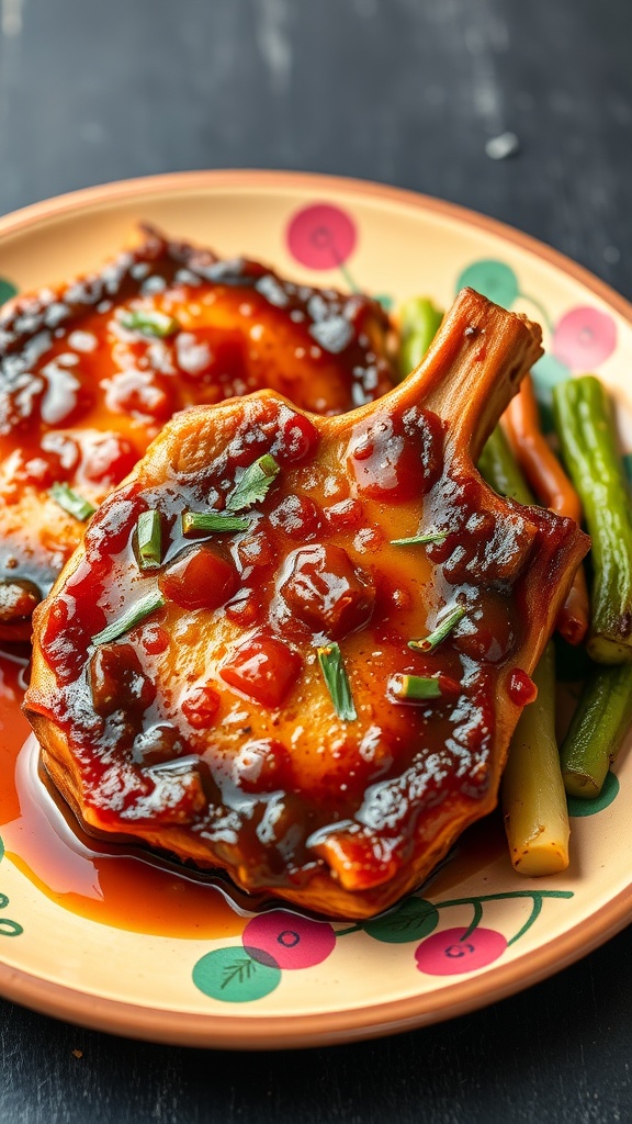 Delicious sweet and spicy glazed pork chops on a plate with green vegetables.