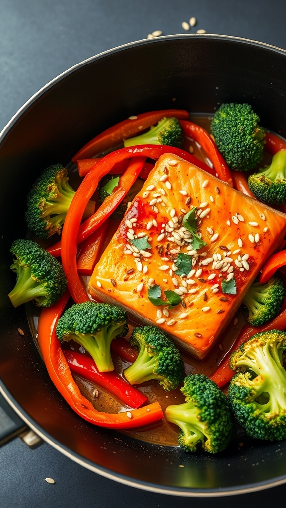 A colorful stir-fry featuring honey-glazed salmon, broccoli, and red bell peppers.