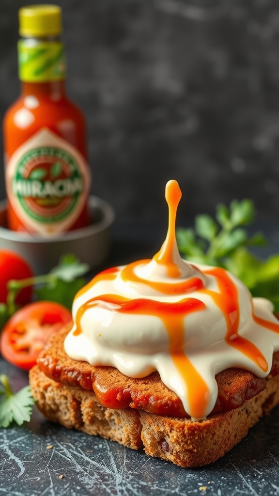 A delicious sandwich spread made with Sriracha mayo on a slice of bread.