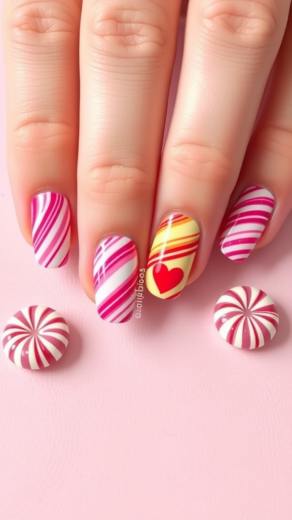 Nails painted in pink and white candy stripes with a heart design, surrounded by candy accents.