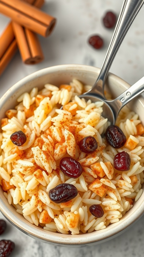 A bowl of sweet rice with raisins and cinnamon sprinkled on top