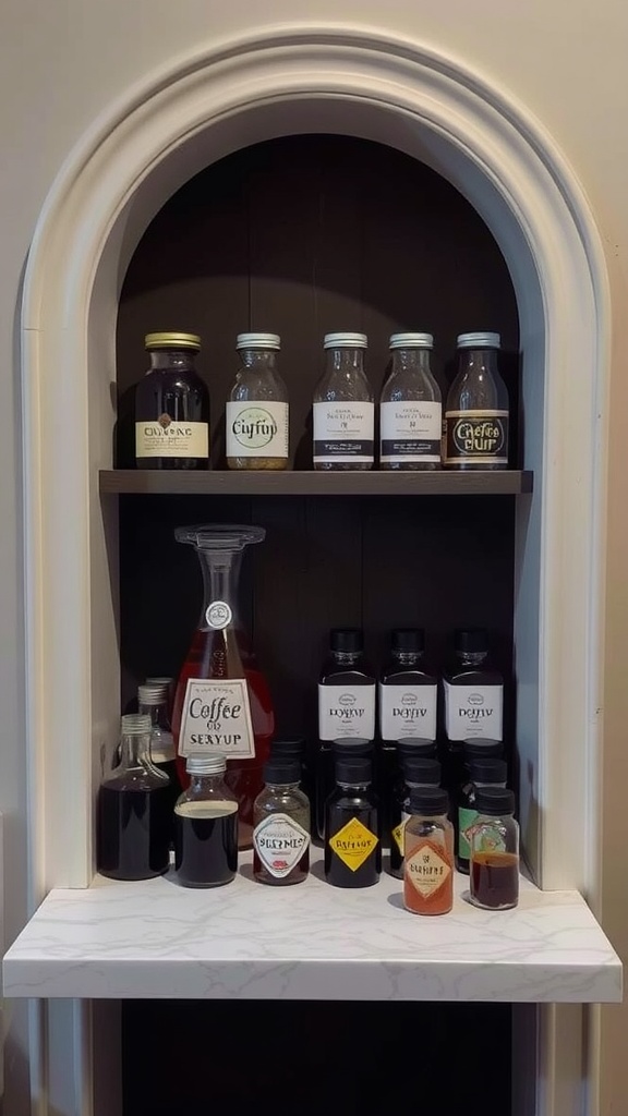 A variety of colorful syrups and spices displayed on shelves, perfect for a coffee bar.
