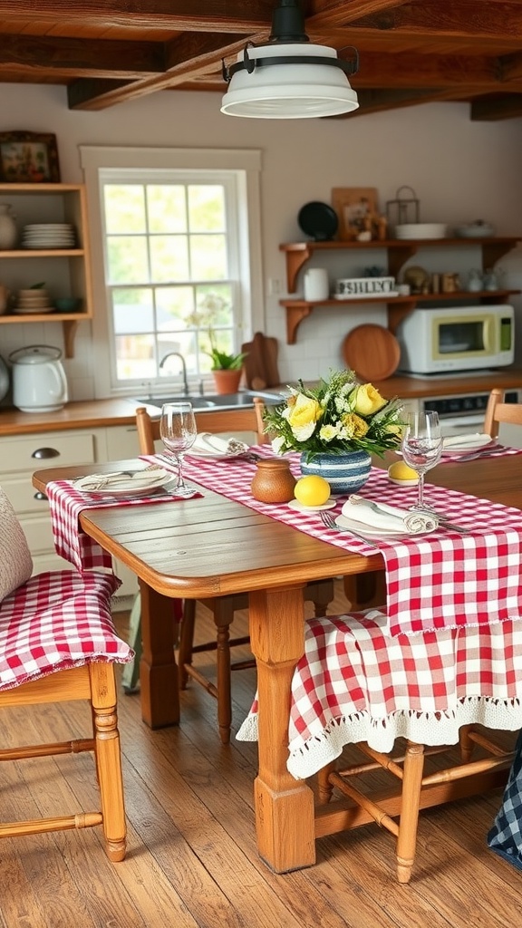 A cozy farmhouse kitchen table set with checkered linens and fresh flowers.