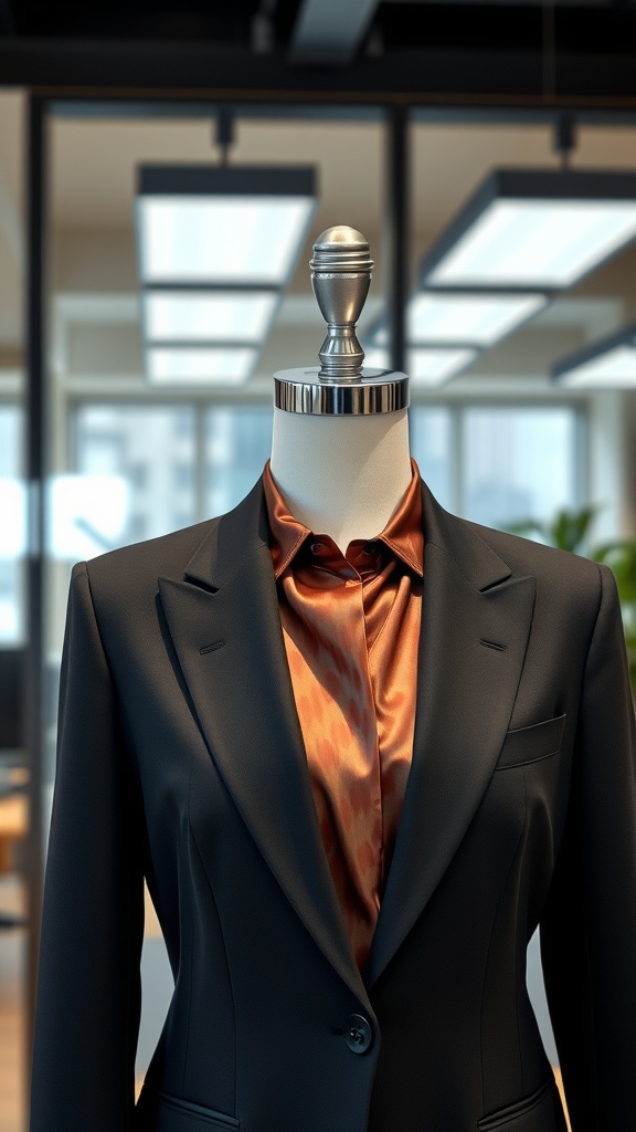 A tailored black blazer with a silk blouse displayed on a mannequin in an office setting.