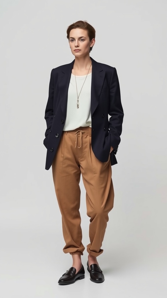 A person wearing a tailored blazer with casual trousers, showcasing a stylish yet relaxed outfit.