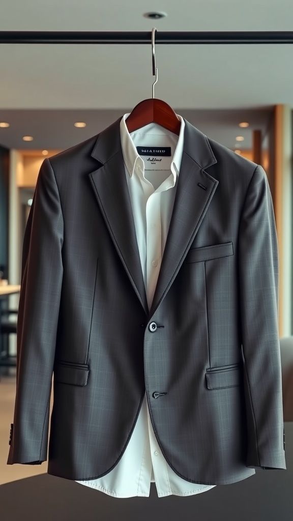 A tailored gray blazer with a white shirt hanging on a rack