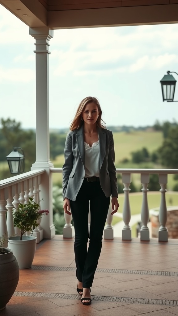 A woman in a tailored blazer walking on a porch with a scenic background.