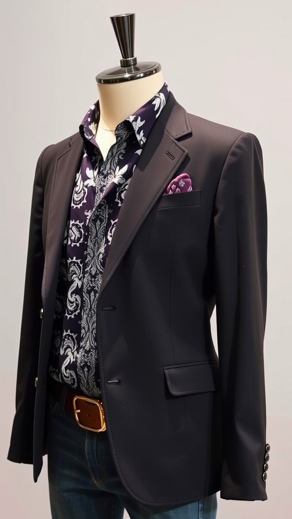 A stylish outfit featuring a tailored black blazer over a patterned western shirt with a pocket square.